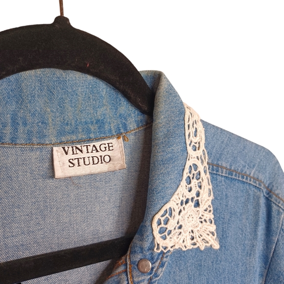 VINTAGE STUDIO Lace Collar Button Front Long Sleeve Light Denim Midi Dress M - Picture 3 of 6